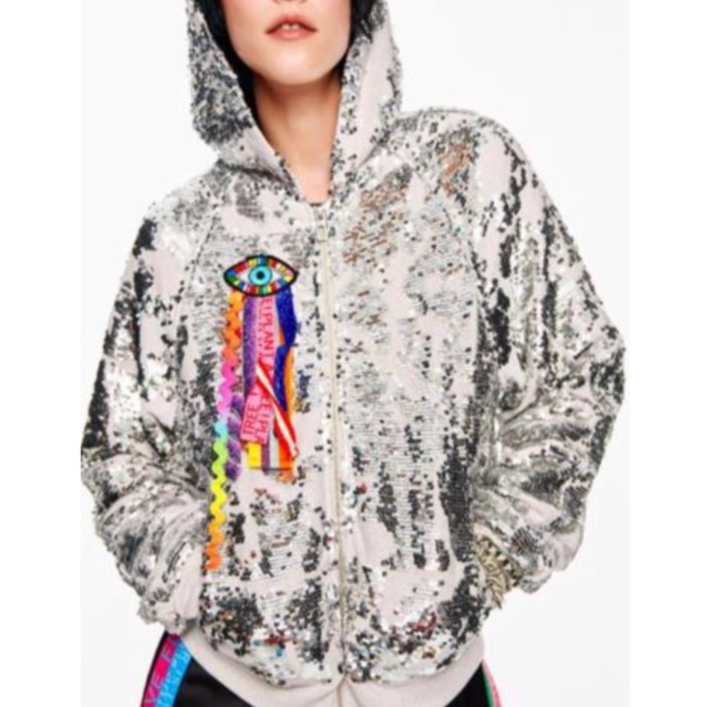 Desigual Johnson Hartig Sequin Evil Eye Zip Hoodie Silver XL